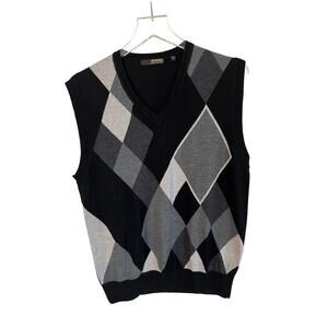 Murano M Sz L Merino Wool Knit Sweater Vest Argyle Diamond Black Gray